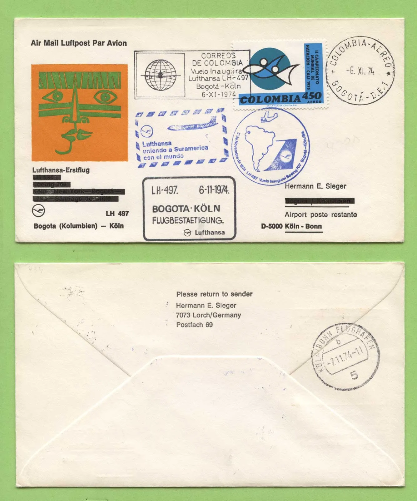 Columbia 1974 Lufthansa Flight cover, Bogota - Cologne. Germany