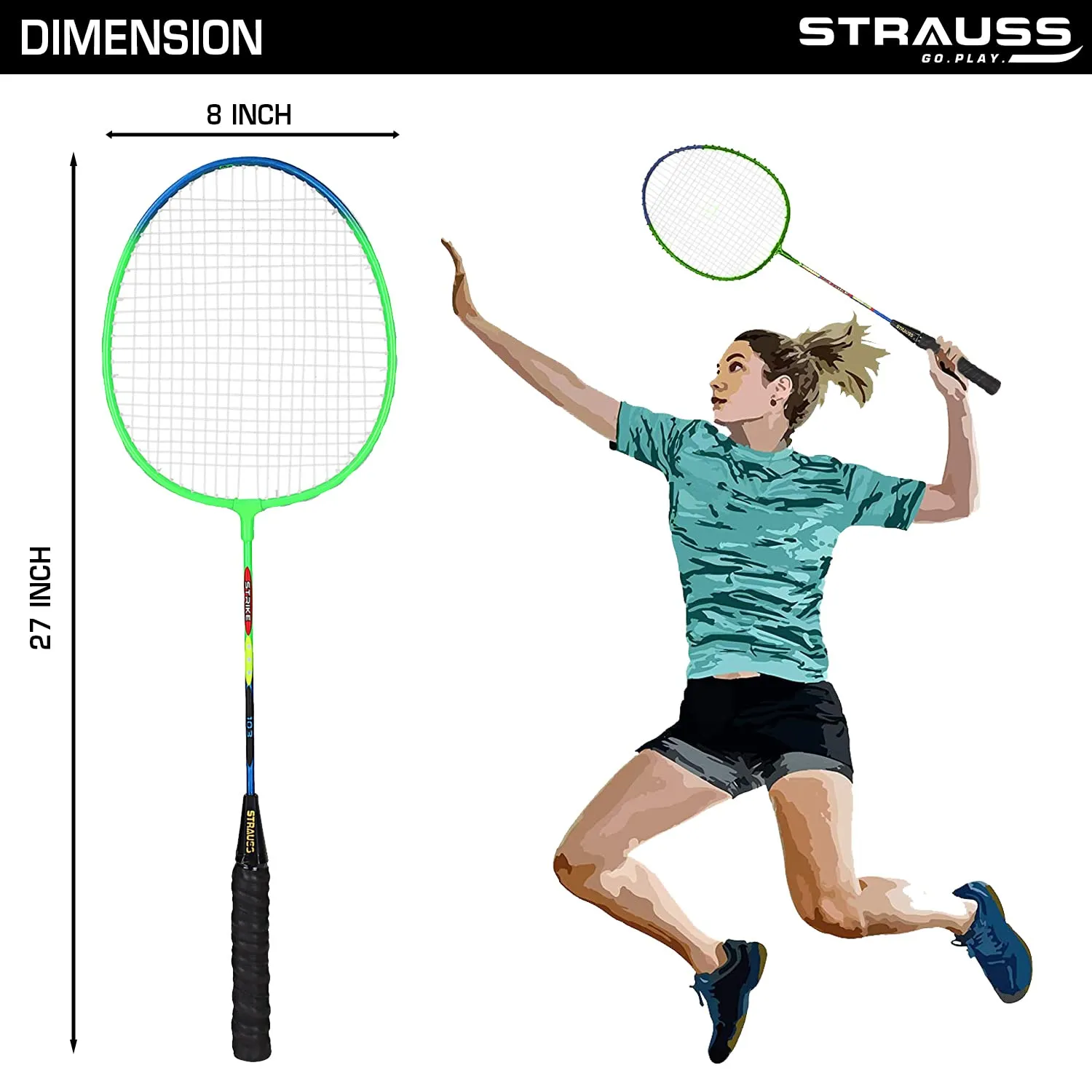 Strauss Strike 103 Badminton Racquet Set with Shuttlecock, (Blue/Green)